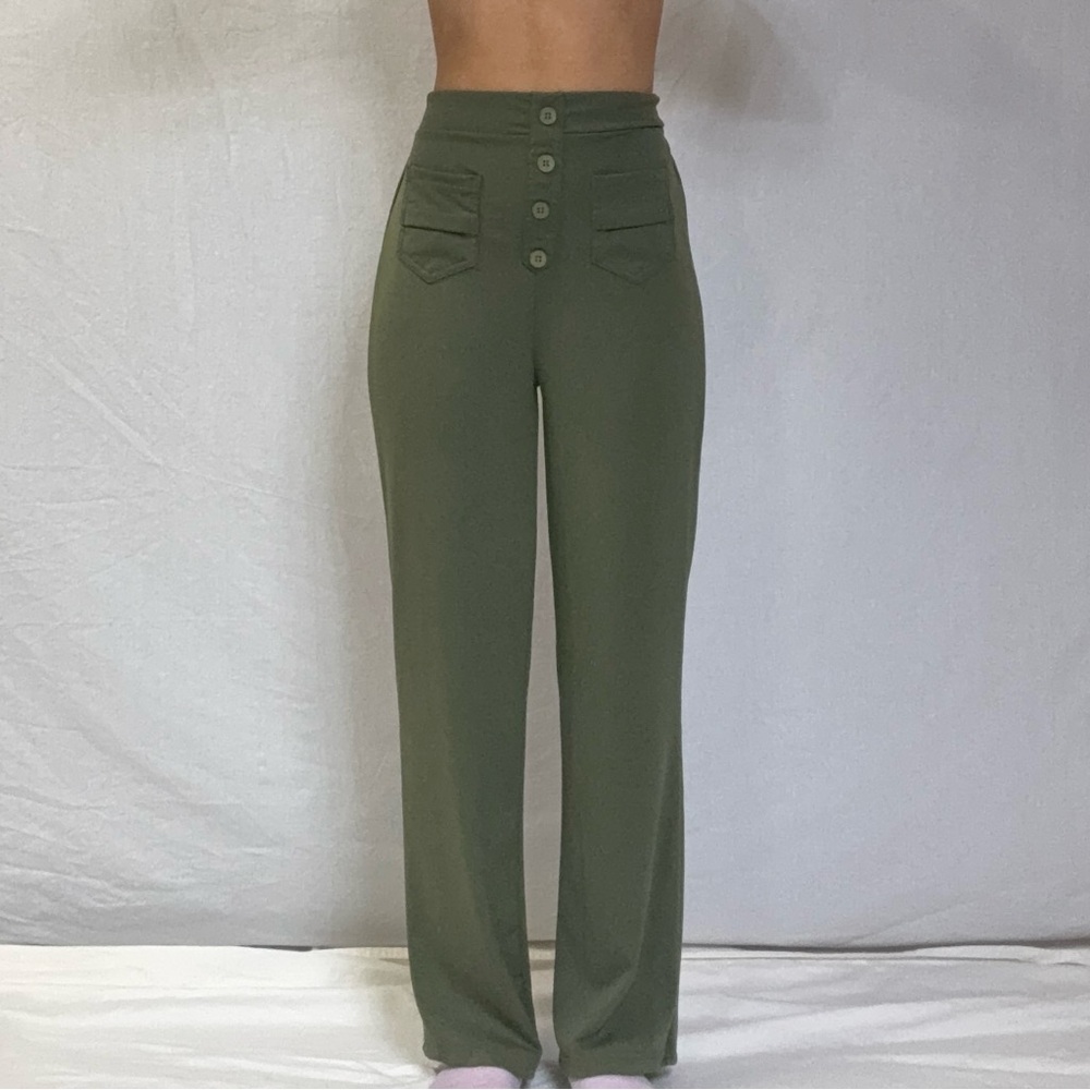 High-Waist Olive Green Button Front Wide-Leg Pants